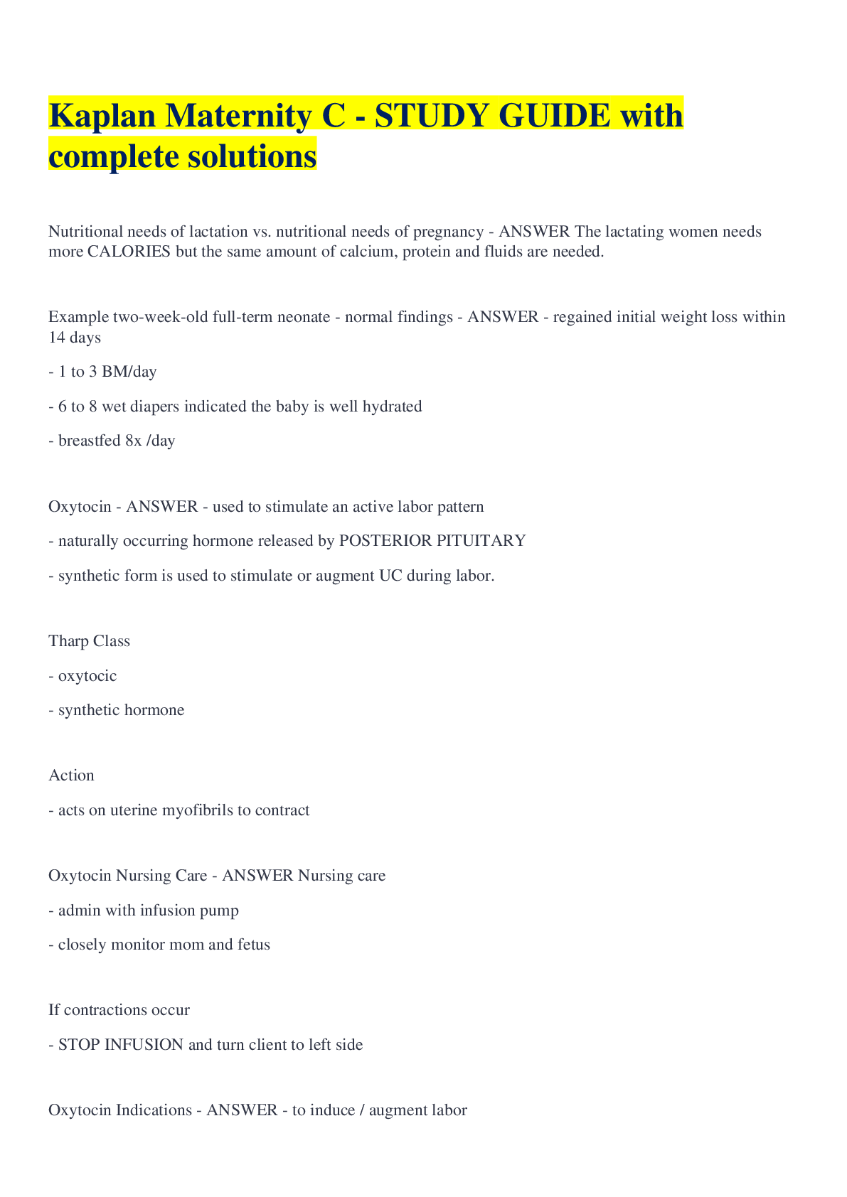 Preview image for Kaplan Maternity C - STUDY GUIDE  with complete solutions